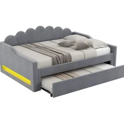 Okwish Lit gigogne 140x200 cm - Lit simple avec lit d'appoint extensible - MDF et Lin - Sans matelas - Gris* Lit Gigogne