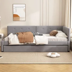 Okwish Lit Gigogne 90x200 cm - Lit Simple 1 Place avec Couchage Secondaire, sans Matelas, en Velours, Gris* Lit Gigogne