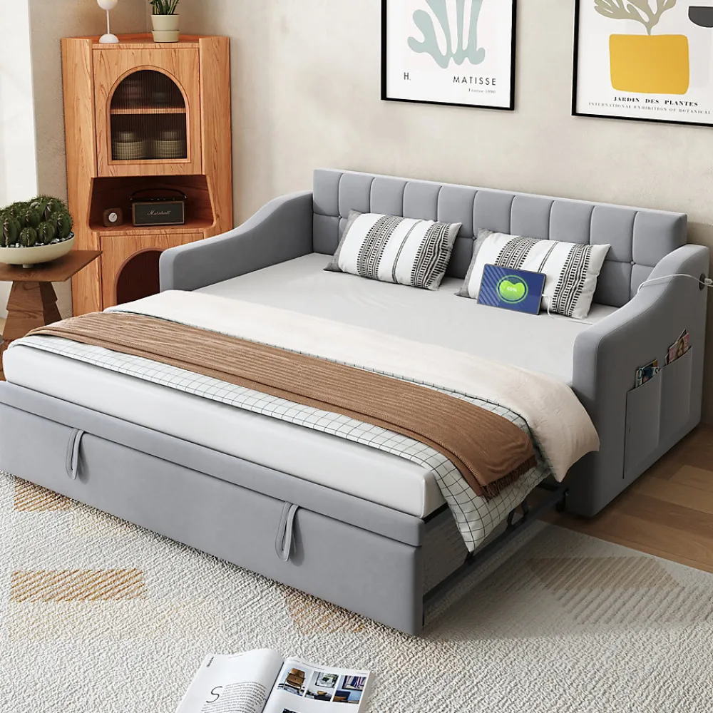Lit Gigogne 90/180x190 cm - Lit Simple avec Lit Tiroir, Ports USB et Poche de Rangement, Sans Matelas - Velours Gris Clair>Okwish Outlet
