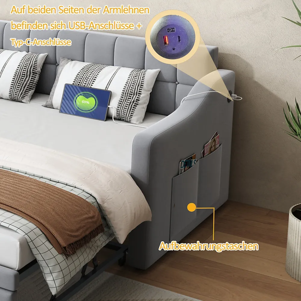 Lit Gigogne 90/180x190 cm - Lit Simple avec Lit Tiroir, Ports USB et Poche de Rangement, Sans Matelas - Velours Gris Clair>Okwish Outlet