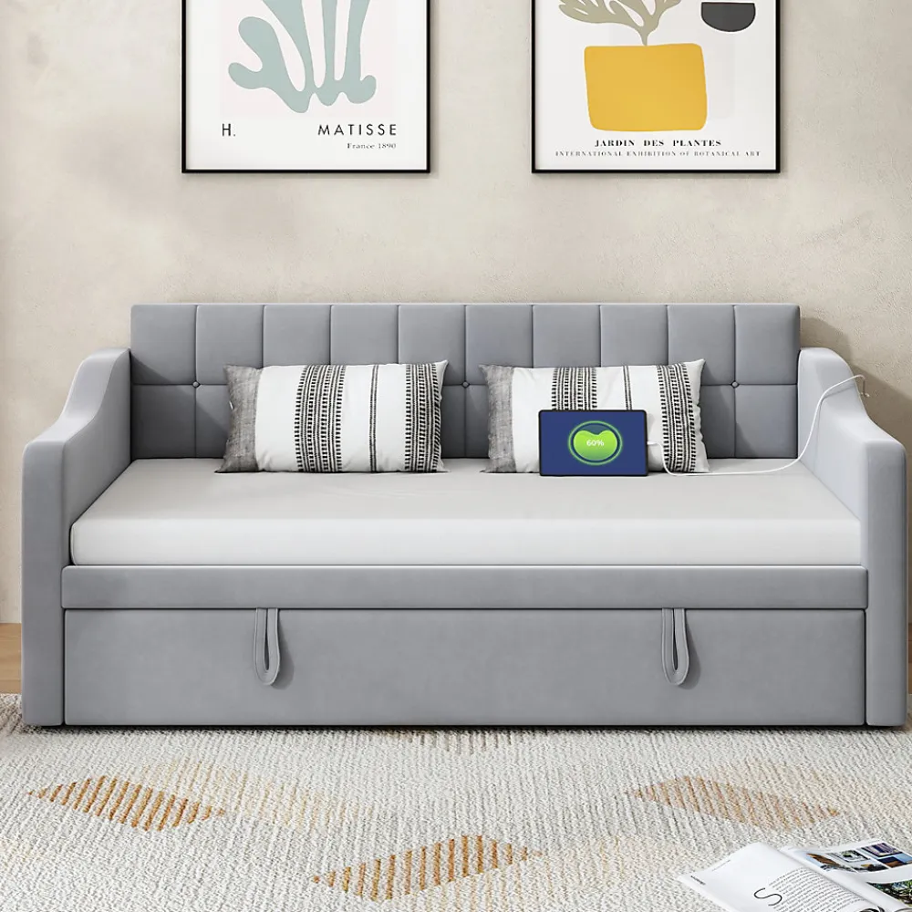 Lit Gigogne 90/180x190 cm - Lit Simple avec Lit Tiroir, Ports USB et Poche de Rangement, Sans Matelas - Velours Gris Clair>Okwish Outlet