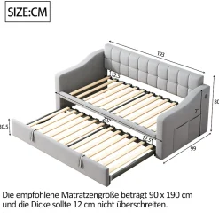 Lit Gigogne 90/180x190 cm - Lit Simple avec Lit Tiroir, Ports USB et Poche de Rangement, Sans Matelas - Velours Gris Clair><noscript><img width=