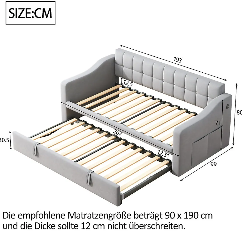 Lit Gigogne 90/180x190 cm - Lit Simple avec Lit Tiroir, Ports USB et Poche de Rangement, Sans Matelas - Velours Gris Clair>Okwish Outlet