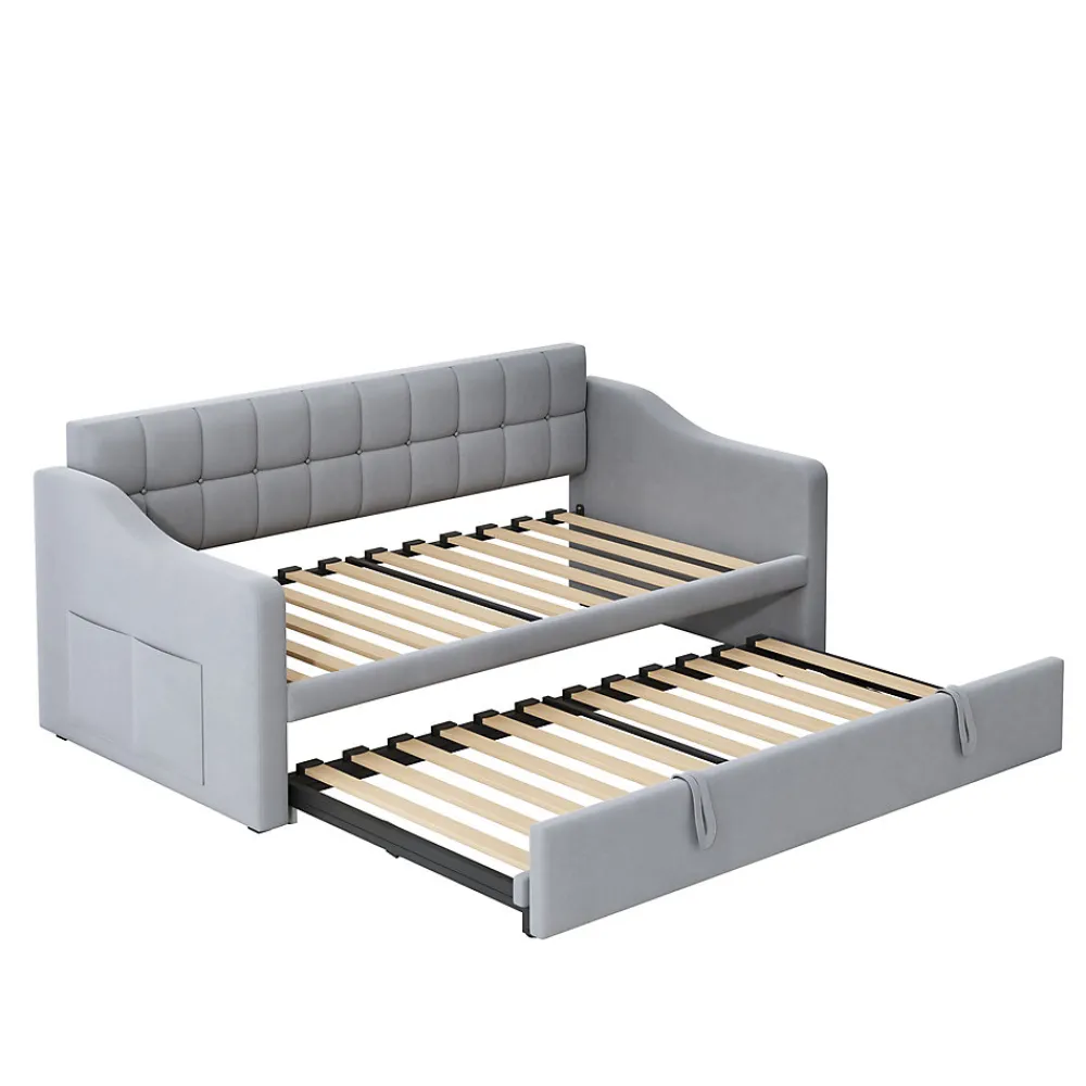 Lit Gigogne 90/180x190 cm - Lit Simple avec Lit Tiroir, Ports USB et Poche de Rangement, Sans Matelas - Velours Gris Clair>Okwish Outlet