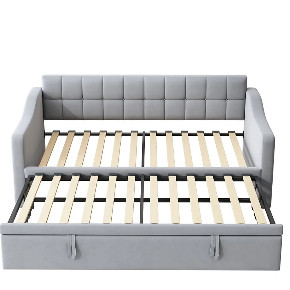 Lit Gigogne 90/180x190 cm - Lit Simple avec Lit Tiroir, Ports USB et Poche de Rangement, Sans Matelas - Velours Gris Clair>Okwish Outlet