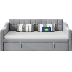 Lit Gigogne 90/180x190 cm - Lit Simple avec Lit Tiroir, Ports USB et Poche de Rangement, Sans Matelas - Velours Gris Clair><noscript><img width=