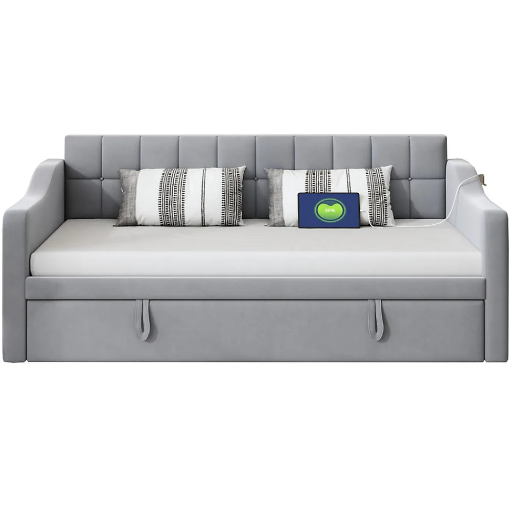 Lit Gigogne 90/180x190 cm - Lit Simple avec Lit Tiroir, Ports USB et Poche de Rangement, Sans Matelas - Velours Gris Clair>Okwish Outlet