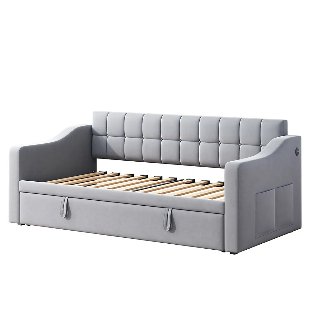 Lit Gigogne 90/180x190 cm - Lit Simple avec Lit Tiroir, Ports USB et Poche de Rangement, Sans Matelas - Velours Gris Clair>Okwish Outlet