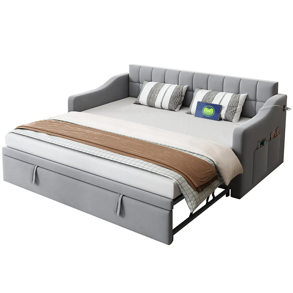 Lit Gigogne 90/180x190 cm - Lit Simple avec Lit Tiroir, Ports USB et Poche de Rangement, Sans Matelas - Velours Gris Clair>Okwish Outlet