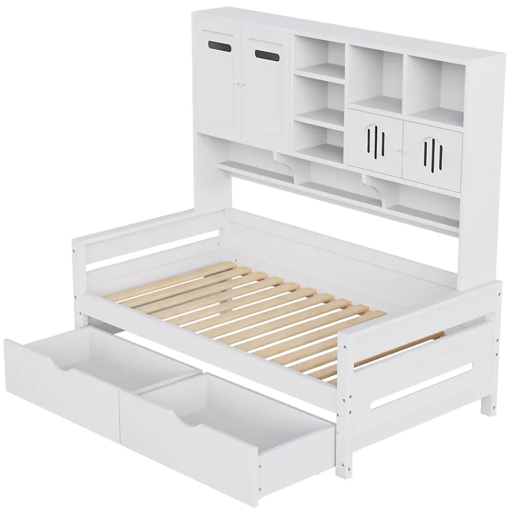 Okwish Lit Gigogne 90x200 cm - Lit Simple avec Deux Tiroirs de Rangement - Bois - Blanc - Sans Matelas* Lit Gigogne