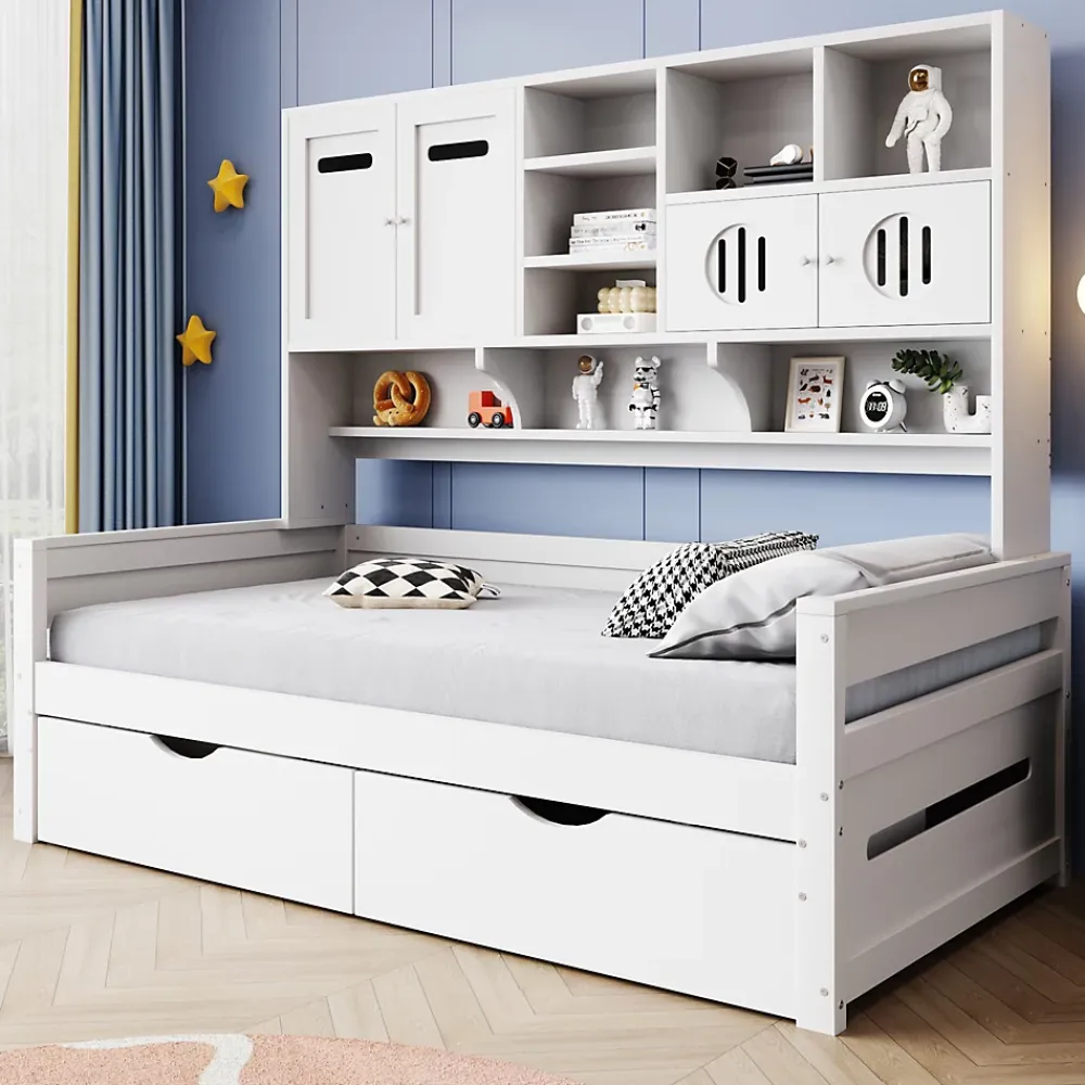 Okwish Lit Gigogne 90x200 cm - Lit Simple avec Deux Tiroirs de Rangement - Bois - Blanc - Sans Matelas* Lit Gigogne