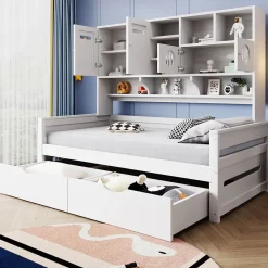Okwish Lit Gigogne 90x200 cm - Lit Simple avec Deux Tiroirs de Rangement - Bois - Blanc - Sans Matelas* Lit Gigogne