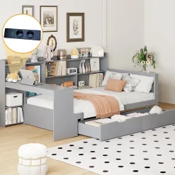Okwish Lit Gigogne 90x200 cm - Lit Simple avec Bureau, Bibliothèque et Rangement Intégré, Sans Matelas - Bois Gris* Lit Gigogne