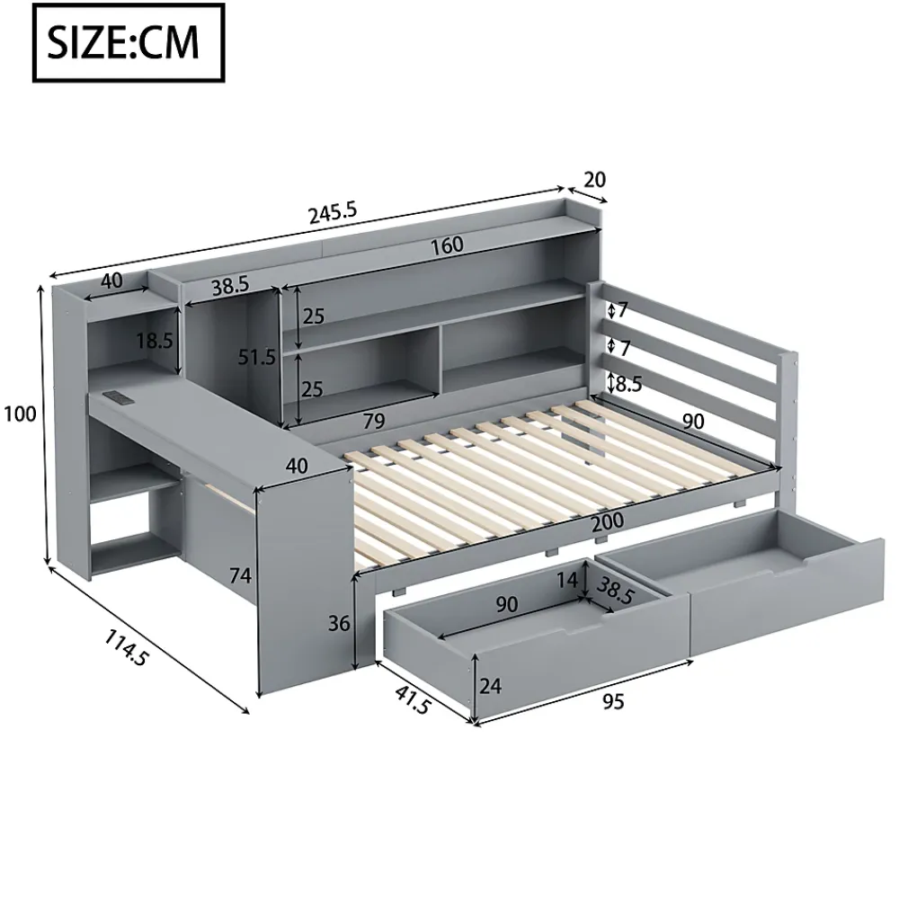 Okwish Lit Gigogne 90x200 cm - Lit Simple avec Bureau, Bibliothèque et Rangement Intégré, Sans Matelas - Bois Gris* Lit Gigogne