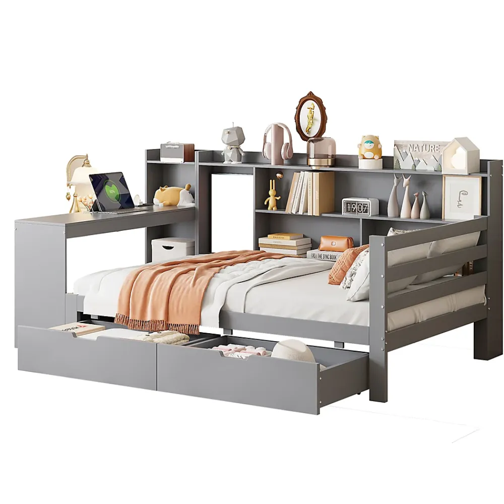 Okwish Lit Gigogne 90x200 cm - Lit Simple avec Bureau, Bibliothèque et Rangement Intégré, Sans Matelas - Bois Gris* Lit Gigogne