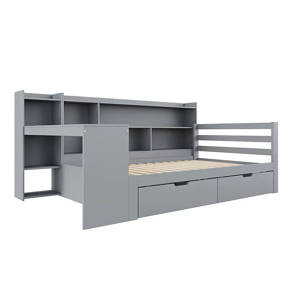 Okwish Lit Gigogne 90x200 cm - Lit Simple avec Bureau, Bibliothèque et Rangement Intégré, Sans Matelas - Bois Gris* Lit Gigogne