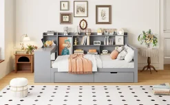 Okwish Lit Gigogne 90x200 cm - Lit Simple avec Bureau, Bibliothèque et Rangement Intégré, Sans Matelas - Bois Gris* Lit Gigogne