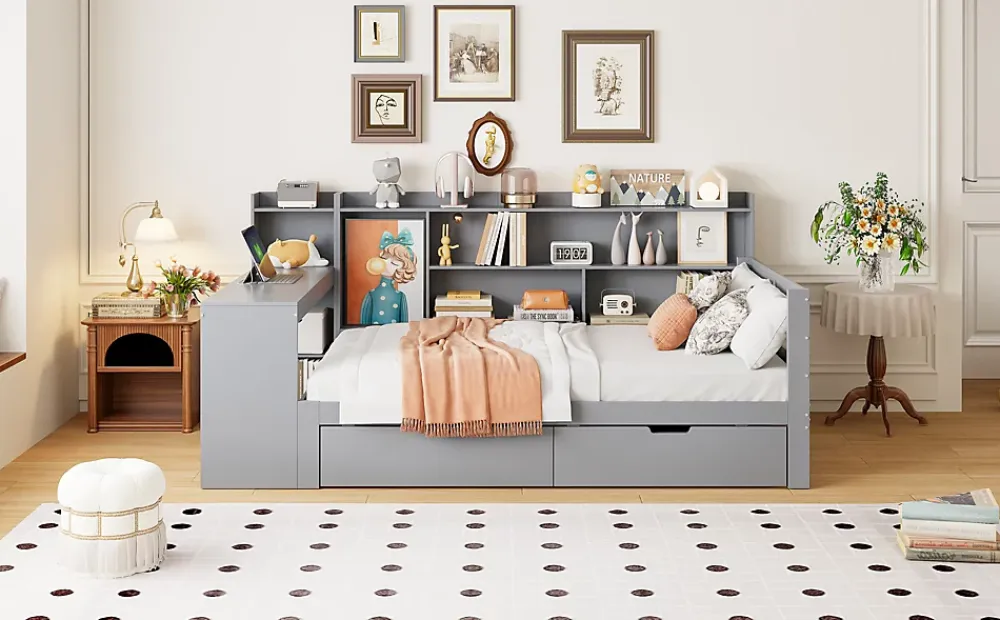 Okwish Lit Gigogne 90x200 cm - Lit Simple avec Bureau, Bibliothèque et Rangement Intégré, Sans Matelas - Bois Gris* Lit Gigogne