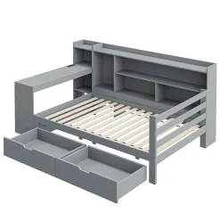 Okwish Lit Gigogne 90x200 cm - Lit Simple avec Bureau, Bibliothèque et Rangement Intégré, Sans Matelas - Bois Gris* Lit Gigogne