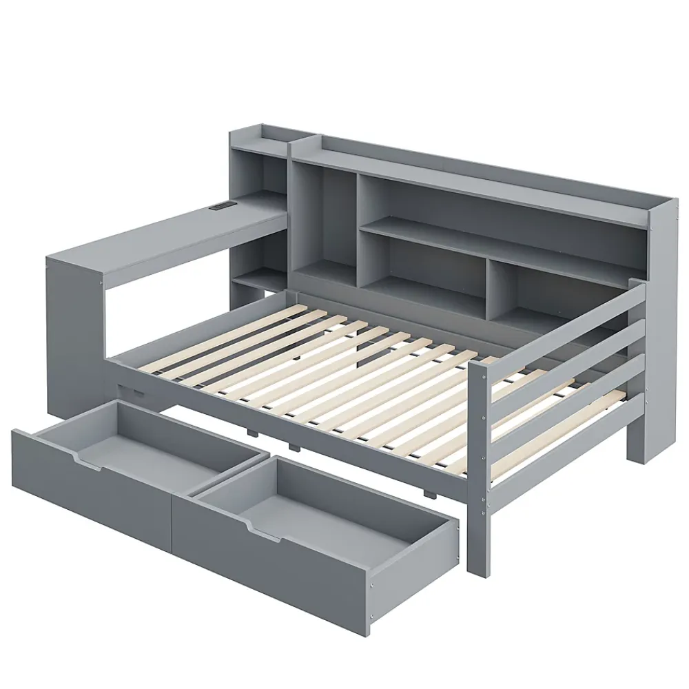 Okwish Lit Gigogne 90x200 cm - Lit Simple avec Bureau, Bibliothèque et Rangement Intégré, Sans Matelas - Bois Gris* Lit Gigogne