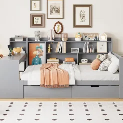 Okwish Lit Gigogne 90x200 cm - Lit Simple avec Bureau, Bibliothèque et Rangement Intégré, Sans Matelas - Bois Gris* Lit Gigogne
