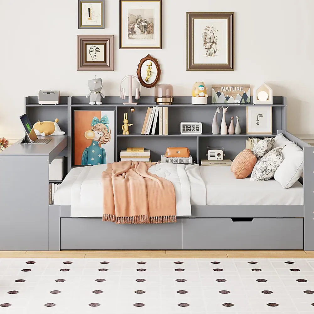 Okwish Lit Gigogne 90x200 cm - Lit Simple avec Bureau, Bibliothèque et Rangement Intégré, Sans Matelas - Bois Gris* Lit Gigogne