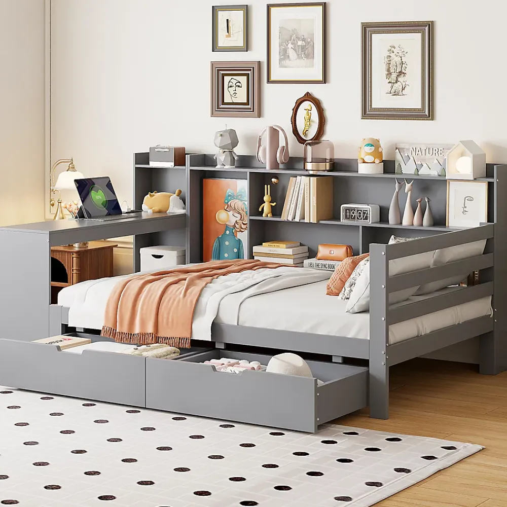 Okwish Lit Gigogne 90x200 cm - Lit Simple avec Bureau, Bibliothèque et Rangement Intégré, Sans Matelas - Bois Gris* Lit Gigogne