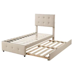 Okwish Lit Gigogne 90x200 cm - Lit Simple enfant avec Sommier à Lattes, Tête de Lit Réglable, Structure MDF et Métal, Sans Matelas, Beige* Lit Gigogne