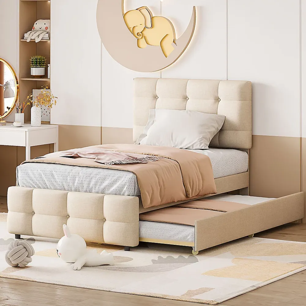 Okwish Lit Gigogne 90x200 cm - Lit Simple enfant avec Sommier à Lattes, Tête de Lit Réglable, Structure MDF et Métal, Sans Matelas, Beige* Lit Gigogne