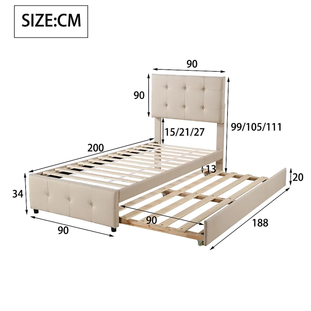Okwish Lit Gigogne 90x200 cm - Lit Simple enfant avec Sommier à Lattes, Tête de Lit Réglable, Structure MDF et Métal, Sans Matelas, Beige* Lit Gigogne