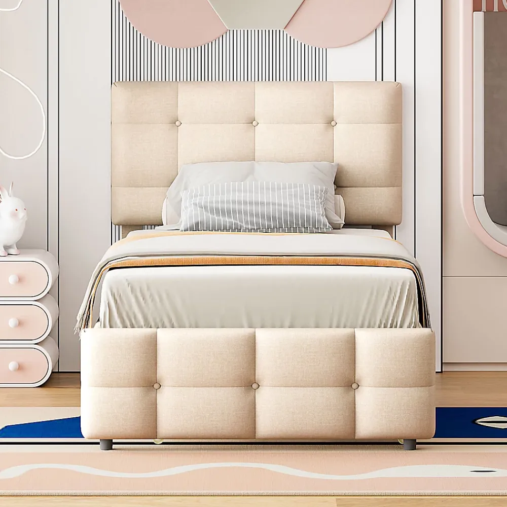 Okwish Lit Gigogne 90x200 cm - Lit Simple enfant avec Sommier à Lattes, Tête de Lit Réglable, Structure MDF et Métal, Sans Matelas, Beige* Lit Gigogne