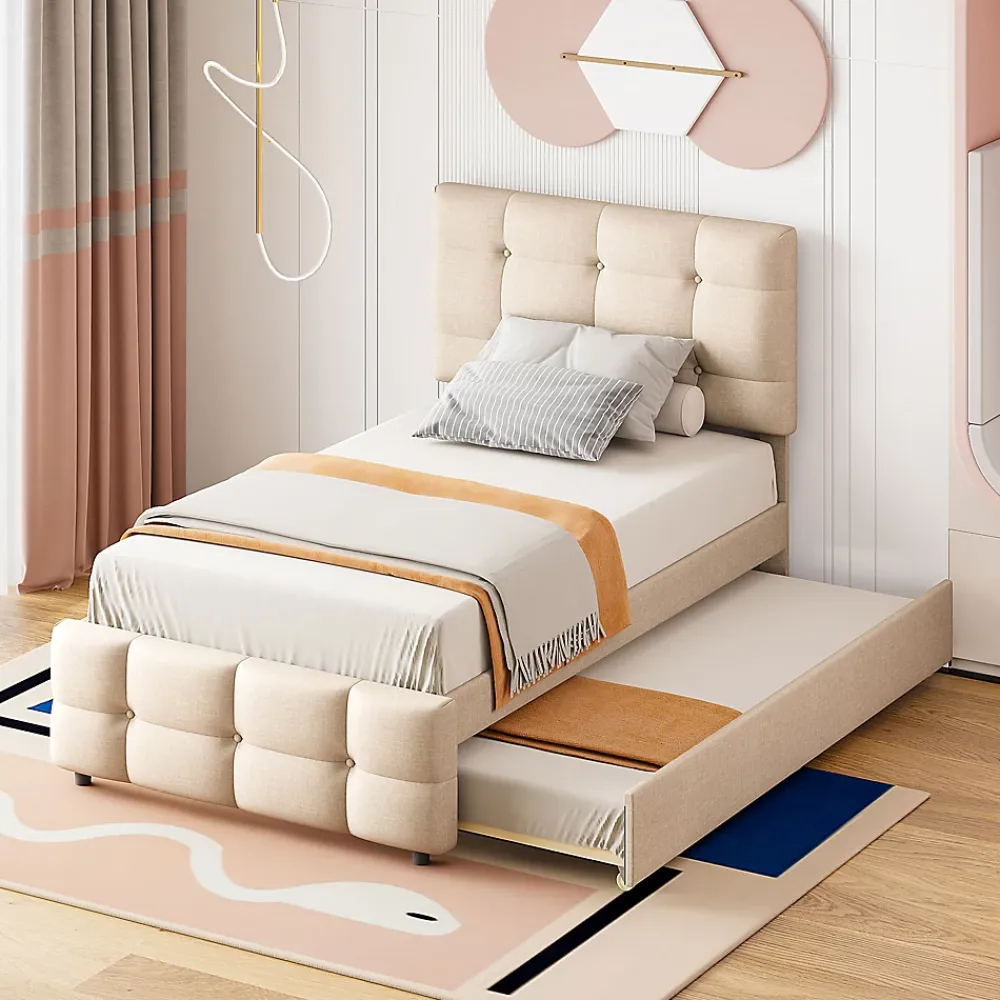 Okwish Lit Gigogne 90x200 cm - Lit Simple enfant avec Sommier à Lattes, Tête de Lit Réglable, Structure MDF et Métal, Sans Matelas, Beige* Lit Gigogne