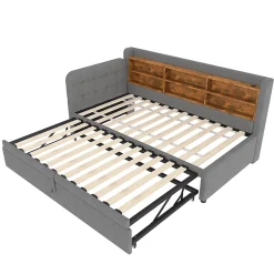 Okwish Lit Gigogne 90x200 cm - Lit Simple avec Rangement et Lit Gigogne Intégré, Ports USB et Type-C, Lin Gris* Lit Gigogne