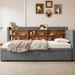 Okwish Lit Gigogne 90x200 cm - Lit Simple avec Rangement et Lit Gigogne Intégré, Ports USB et Type-C, Lin Gris* Lit Gigogne