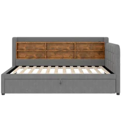 Okwish Lit Gigogne 90x200 cm - Lit Simple avec Rangement et Lit Gigogne Intégré, Ports USB et Type-C, Lin Gris* Lit Gigogne