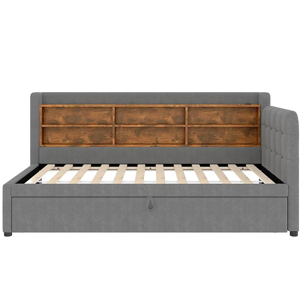Okwish Lit Gigogne 90x200 cm - Lit Simple avec Rangement et Lit Gigogne Intégré, Ports USB et Type-C, Lin Gris* Lit Gigogne