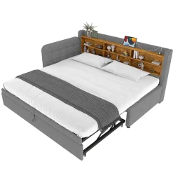 Okwish Lit Gigogne 90x200 cm - Lit Simple avec Rangement et Lit Gigogne Intégré, Ports USB et Type-C, Lin Gris* Lit Gigogne