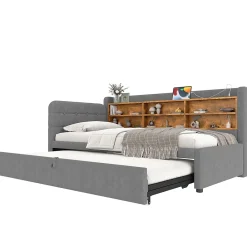 Okwish Lit Gigogne 90x200 cm - Lit Simple avec Rangement et Lit Gigogne Intégré, Ports USB et Type-C, Lin Gris* Lit Gigogne