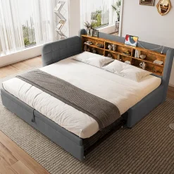 Okwish Lit Gigogne 90x200 cm - Lit Simple avec Rangement et Lit Gigogne Intégré, Ports USB et Type-C, Lin Gris* Lit Gigogne