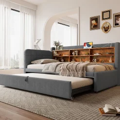 Okwish Lit Gigogne 90x200 cm - Lit Simple avec Rangement et Lit Gigogne Intégré, Ports USB et Type-C, Lin Gris* Lit Gigogne