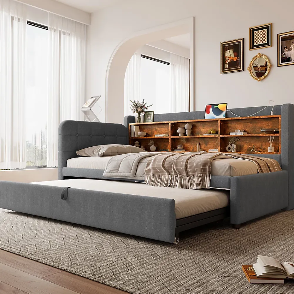 Okwish Lit Gigogne 90x200 cm - Lit Simple avec Rangement et Lit Gigogne Intégré, Ports USB et Type-C, Lin Gris* Lit Gigogne