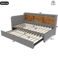 Okwish Lit Gigogne 90x200 cm - Lit Simple avec Rangement et Lit Gigogne Intégré, Ports USB et Type-C, Lin Gris* Lit Gigogne
