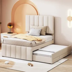 Okwish Lit gigogne 90x200 cm - Lit simple enfant avec tiroirs et lit d'appoint, sans matelas - Revêtement en lin, Beige* Lit Gigogne