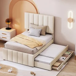 Okwish Lit gigogne 90x200 cm - Lit simple enfant avec tiroirs et lit d'appoint, sans matelas - Revêtement en lin, Beige* Lit Gigogne