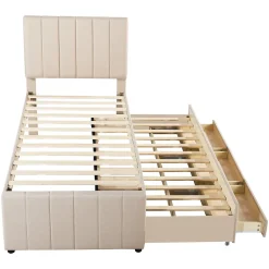 Okwish Lit gigogne 90x200 cm - Lit simple enfant avec tiroirs et lit d'appoint, sans matelas - Revêtement en lin, Beige* Lit Gigogne