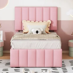 Lit Gigogne 90x200 cm - Lit Simple enfant avec Tiroirs et Couchage d'Ombre, Revêtement en Lin Doux, Sans Matelas - Rose>Okwish