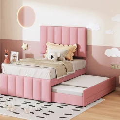 Lit Gigogne 90x200 cm - Lit Simple enfant avec Tiroirs et Couchage d'Ombre, Revêtement en Lin Doux, Sans Matelas - Rose><noscript><img width=