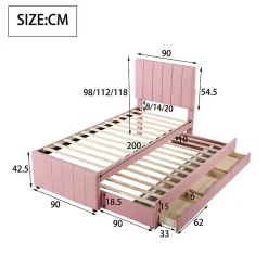 Lit Gigogne 90x200 cm - Lit Simple enfant avec Tiroirs et Couchage d'Ombre, Revêtement en Lin Doux, Sans Matelas - Rose><noscript><img width=