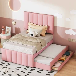 Lit Gigogne 90x200 cm - Lit Simple enfant avec Tiroirs et Couchage d'Ombre, Revêtement en Lin Doux, Sans Matelas - Rose><noscript><img width=