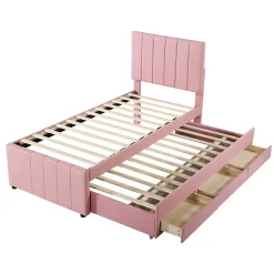 Lit Gigogne 90x200 cm - Lit Simple enfant avec Tiroirs et Couchage d'Ombre, Revêtement en Lin Doux, Sans Matelas - Rose><noscript><img width=